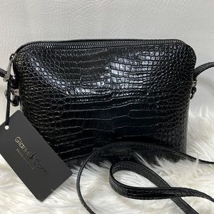 Gianni Conti Black Leather Croc Design Crossbody Purse